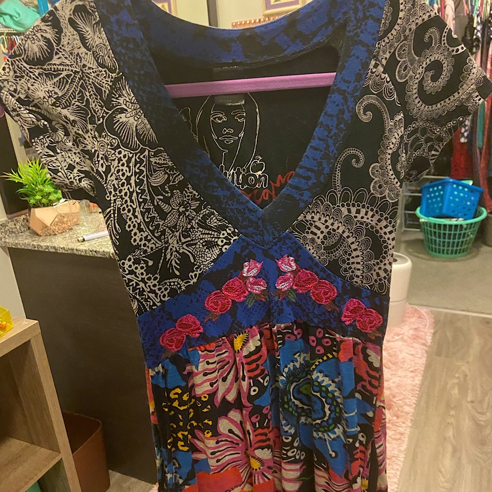 Desigual Vintage Y2K V-neck Floral Unique Colorful Bubble Dress. Size S Small.